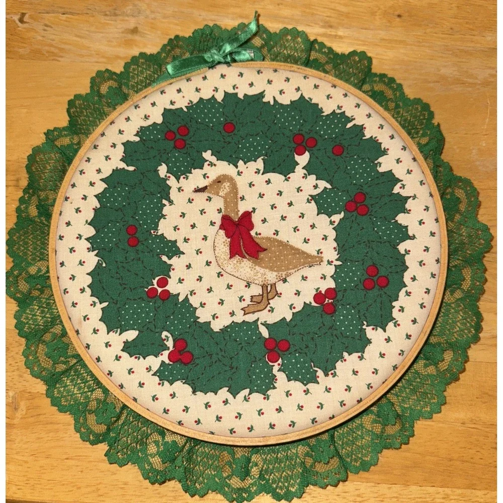 Vtg Handmade Christmas Goose Embroidery Hoop Wall Hanging Lace Trim Grandmacore